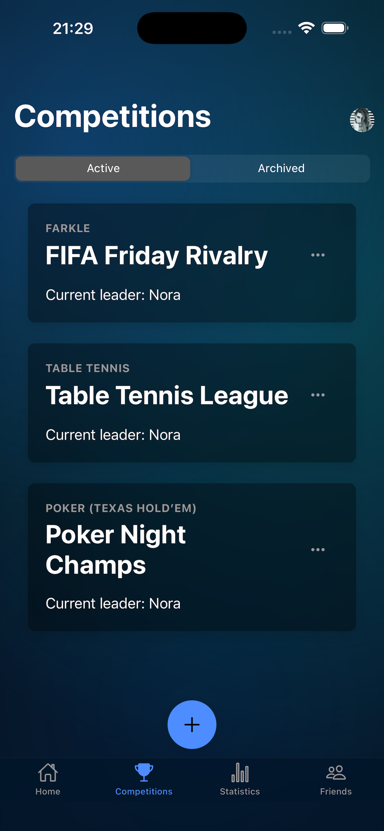 Competitions screen highlighting active and archived tabs