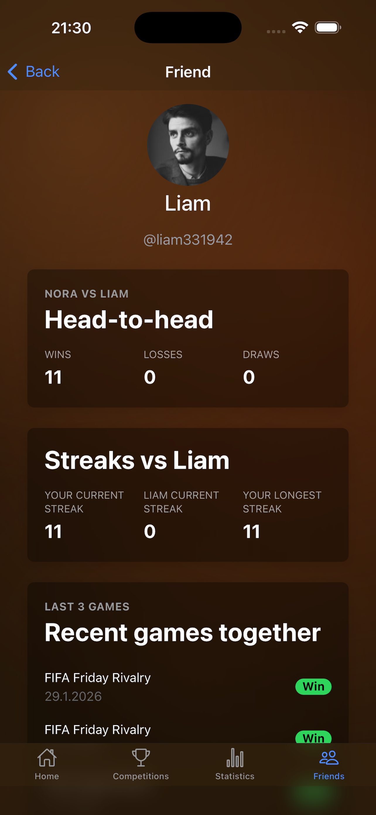 Competition detail view showing standings and game history